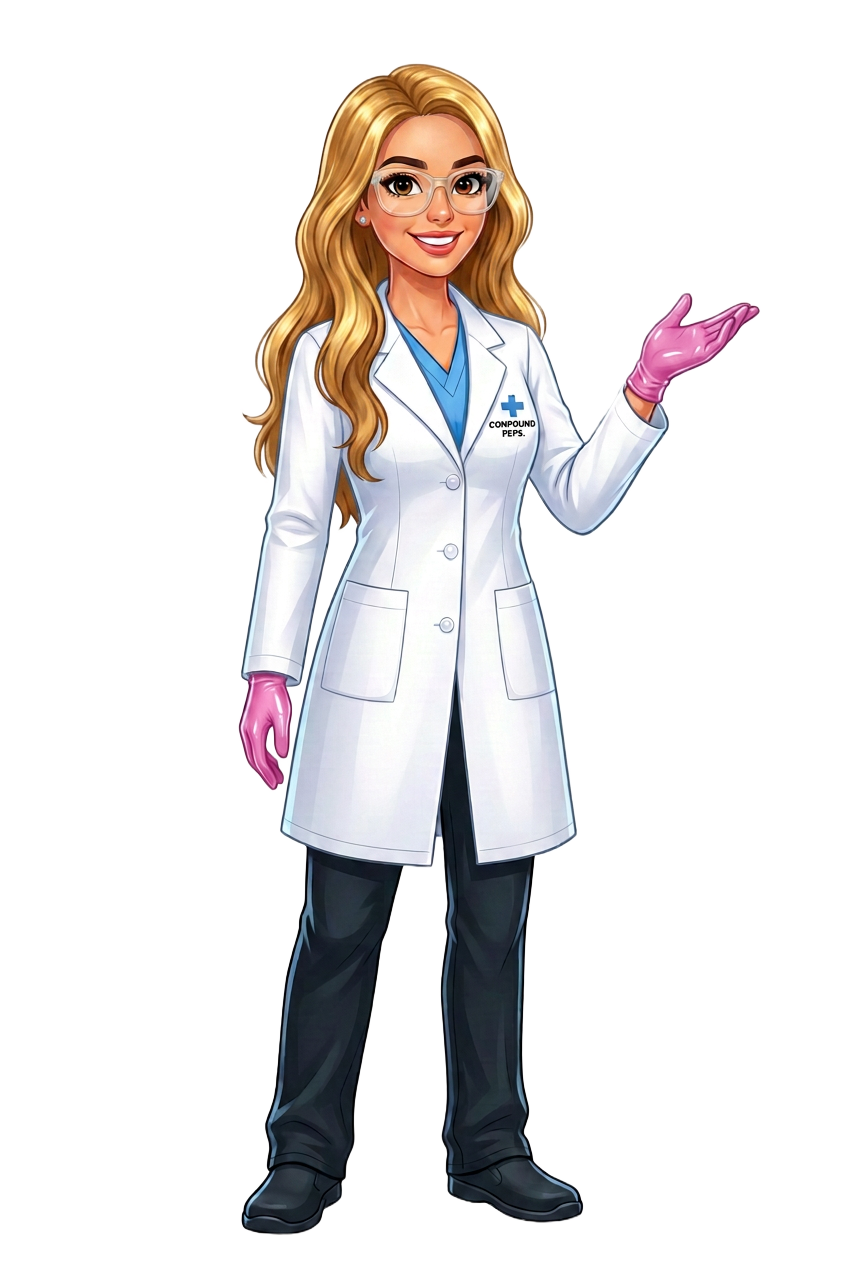 Compound Peps cartoon laboratory scientist mascot in pink gloves